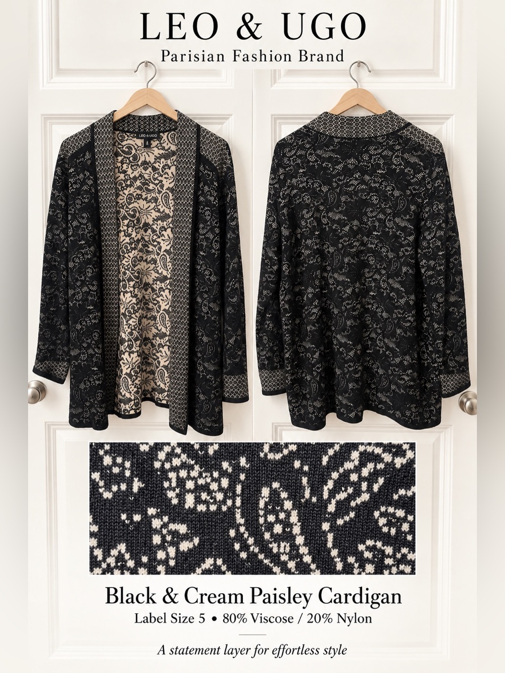 Leo & Ugo Black & Cream Paisley Open-Front Cardigan